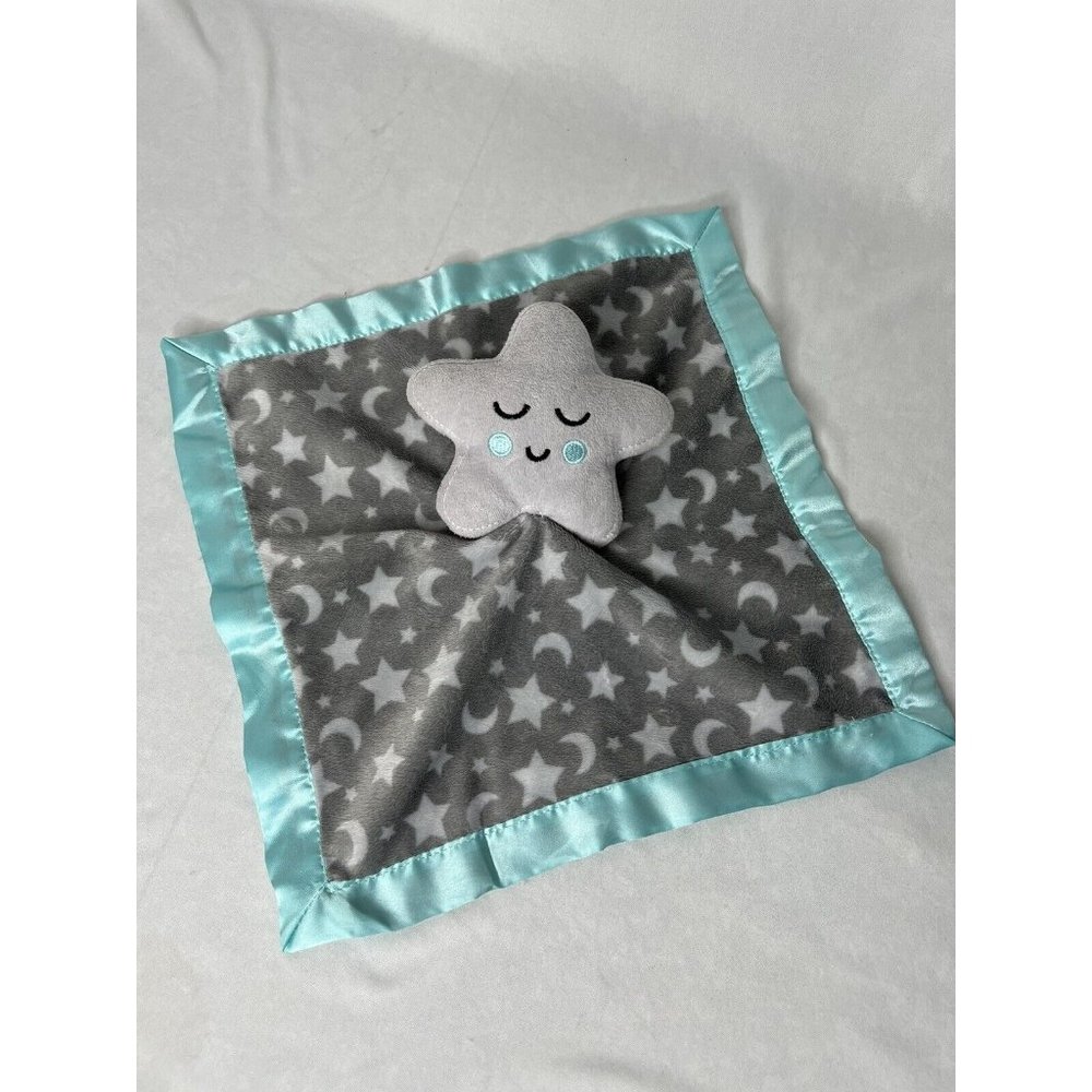 Parent's Choice Gray Aqua Soft Gray Star Security Blanket Baby Lovey Plush Satin